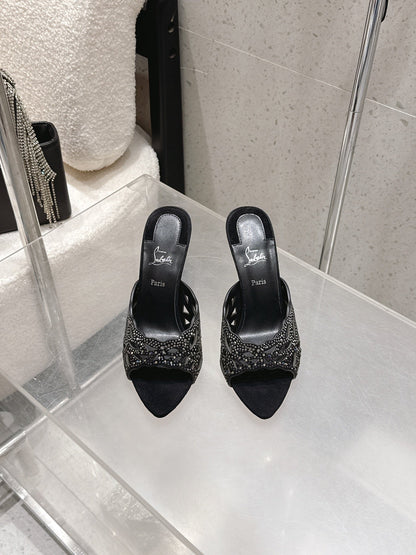 CL 26SS High-Heeled Slippers 100 Black Suede Sheepskin 636694