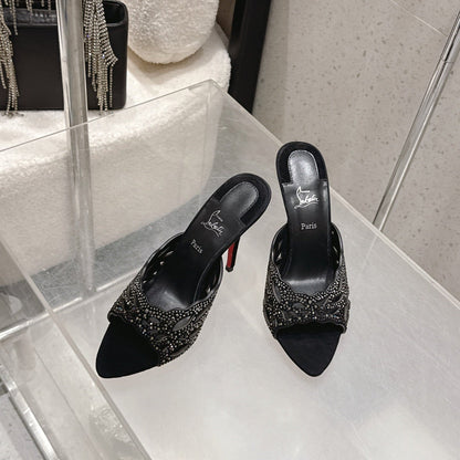 CL 26SS High-Heeled Slippers 100 Black Suede Sheepskin 636694