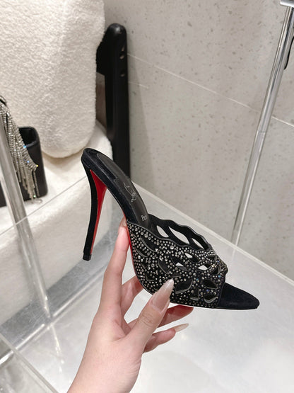 CL 26SS High-Heeled Slippers 100 Black Suede Sheepskin 636694
