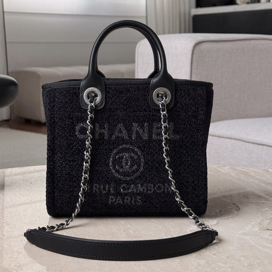 Chanel 2026 Mini Deauville Tote Bag 24cm Black Wool Leather Canvas