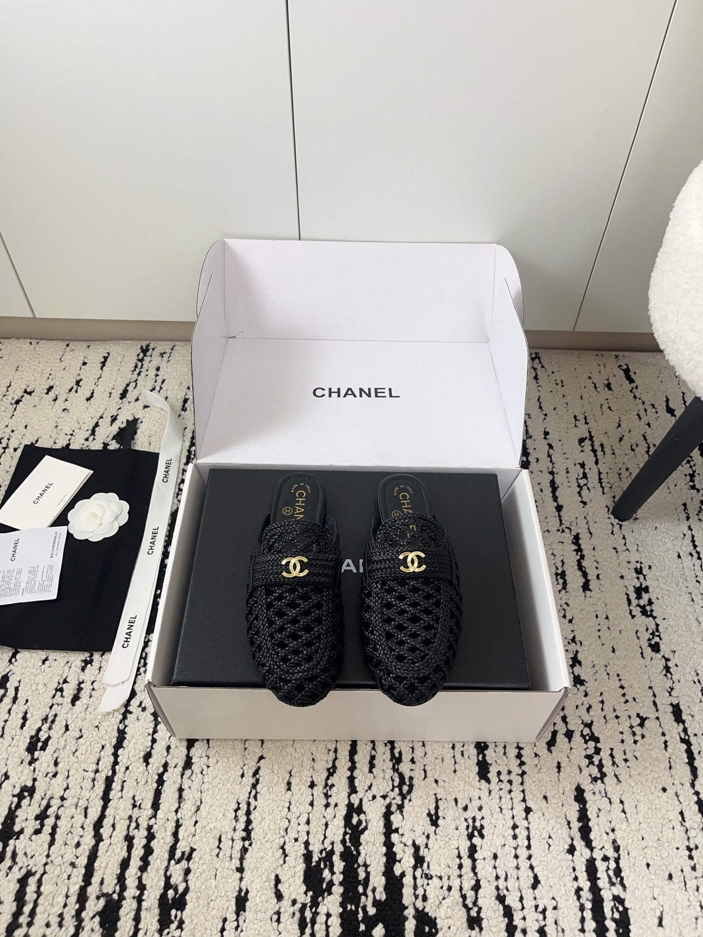 Chanel 2026 Crochet Mules Gold CC Logo Accent Sheepskin 778468