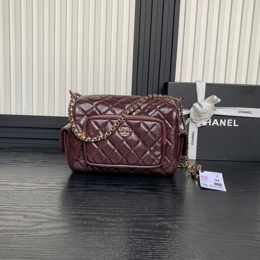 24K Camera Bag Burgundy Calfskin Gold Hardware