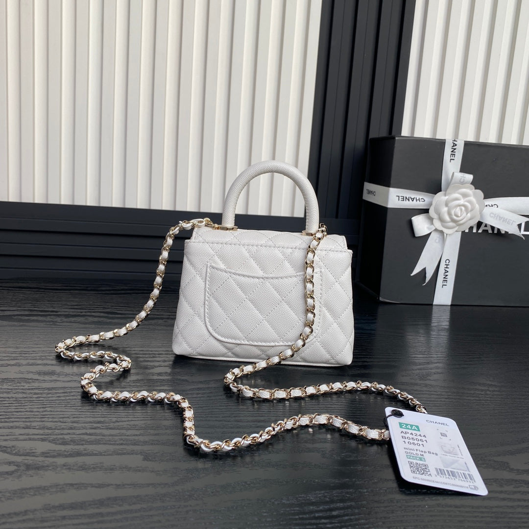 CC 24K Coco Handle Nano 14.5cm White Grained Calfskin Gold Hardware