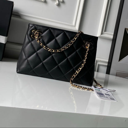 Chanel 2026 Small Shopping Tote Bag Black 24.5cm Black Lambskin 348256