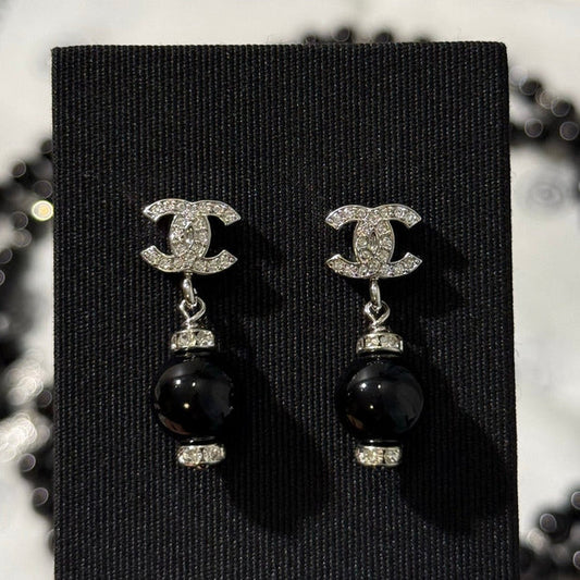Chanel 2026 Silver Full Diamond Double C Black Bead Earrings