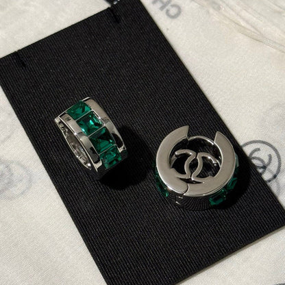 Chanel 2026 Emerald Square Diamond Silver Double C Hoop Earrings Stud Earrings
