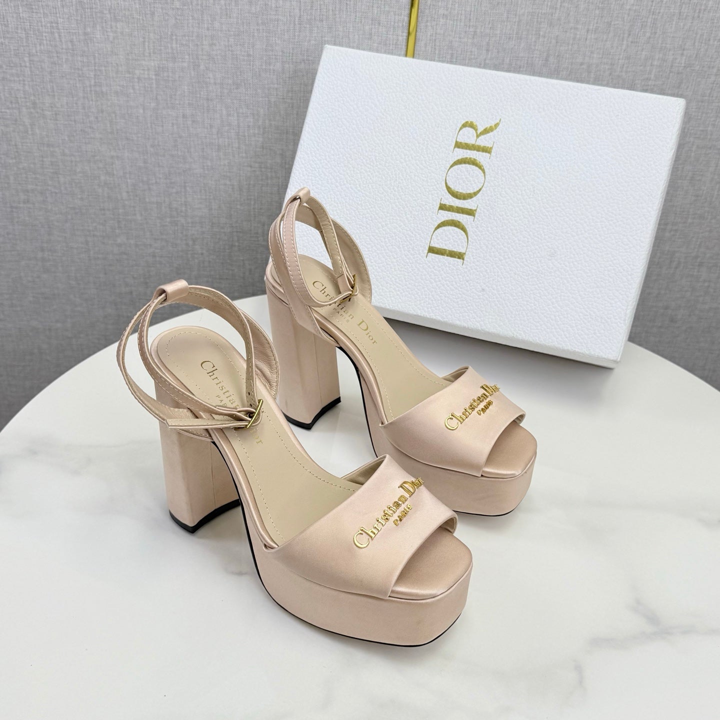 CD 26s Platform Sandals 80 Beige Satin Sheepskin 640230