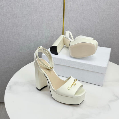 CD 26s Platform Sandals 80 White Beige Satin Sheepskin 640231
