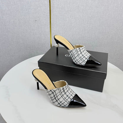 Chanel 2026 Pointy Heeled Mules 85mm Tweed Pearl  801951