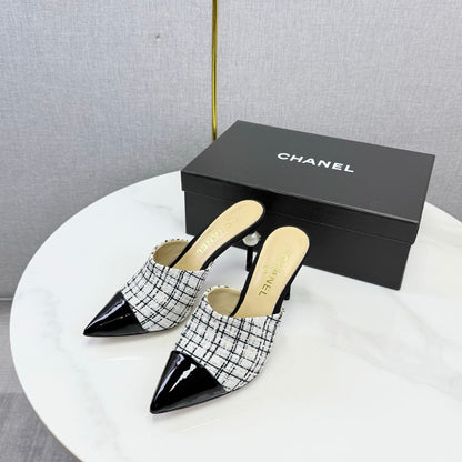 Chanel 2026 Pointy Heeled Mules 85mm Tweed Pearl  801951