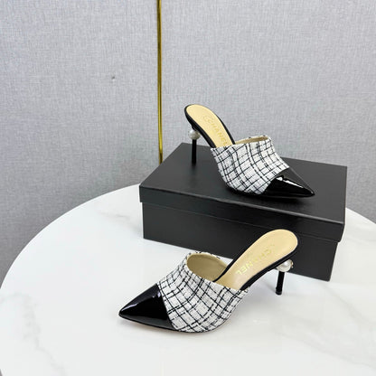 Chanel 2026 Pointy Heeled Mules 85mm Tweed Pearl  801951