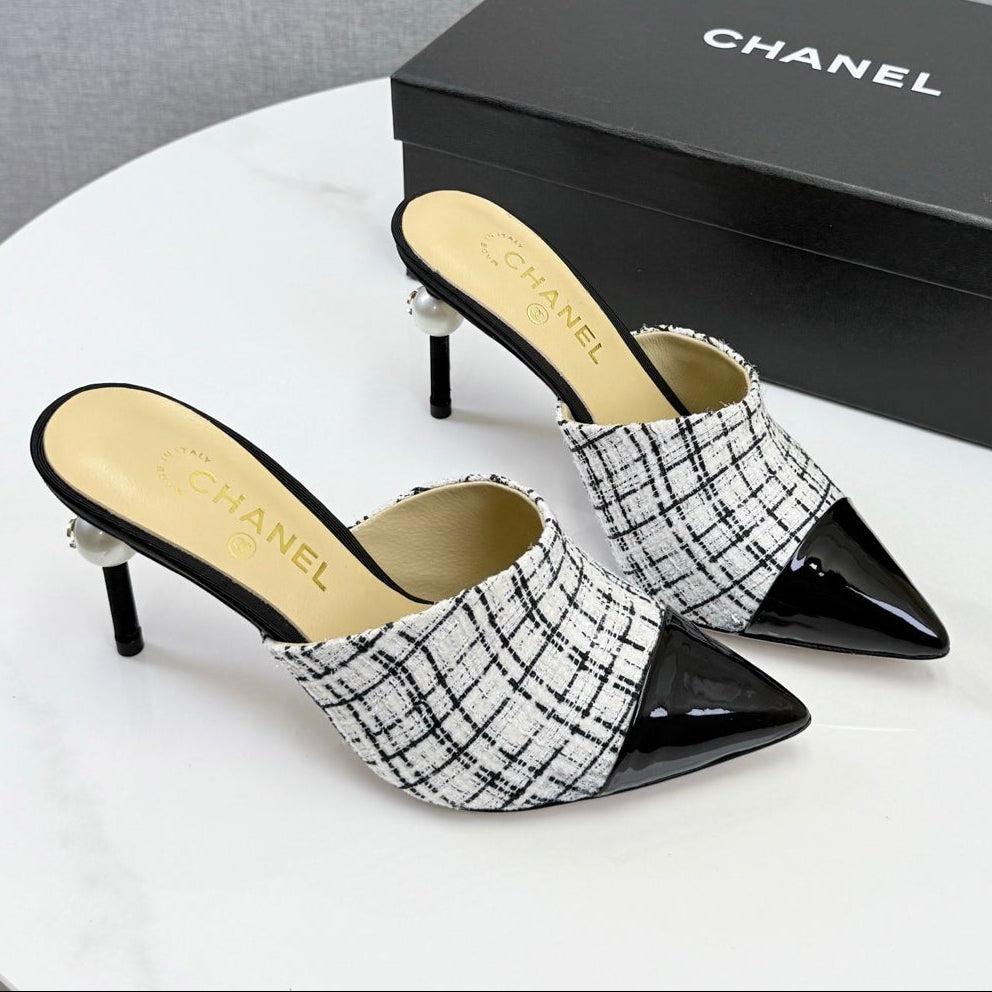 Chanel 2026 Pointy Heeled Mules 85mm Tweed Pearl  801951