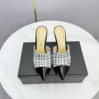 Chanel 2026 Pointy Heeled Mules 85mm Tweed Pearl  801951