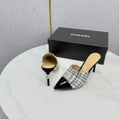 Chanel 2026 Pointy Heeled Mules 85mm Tweed Pearl  801951