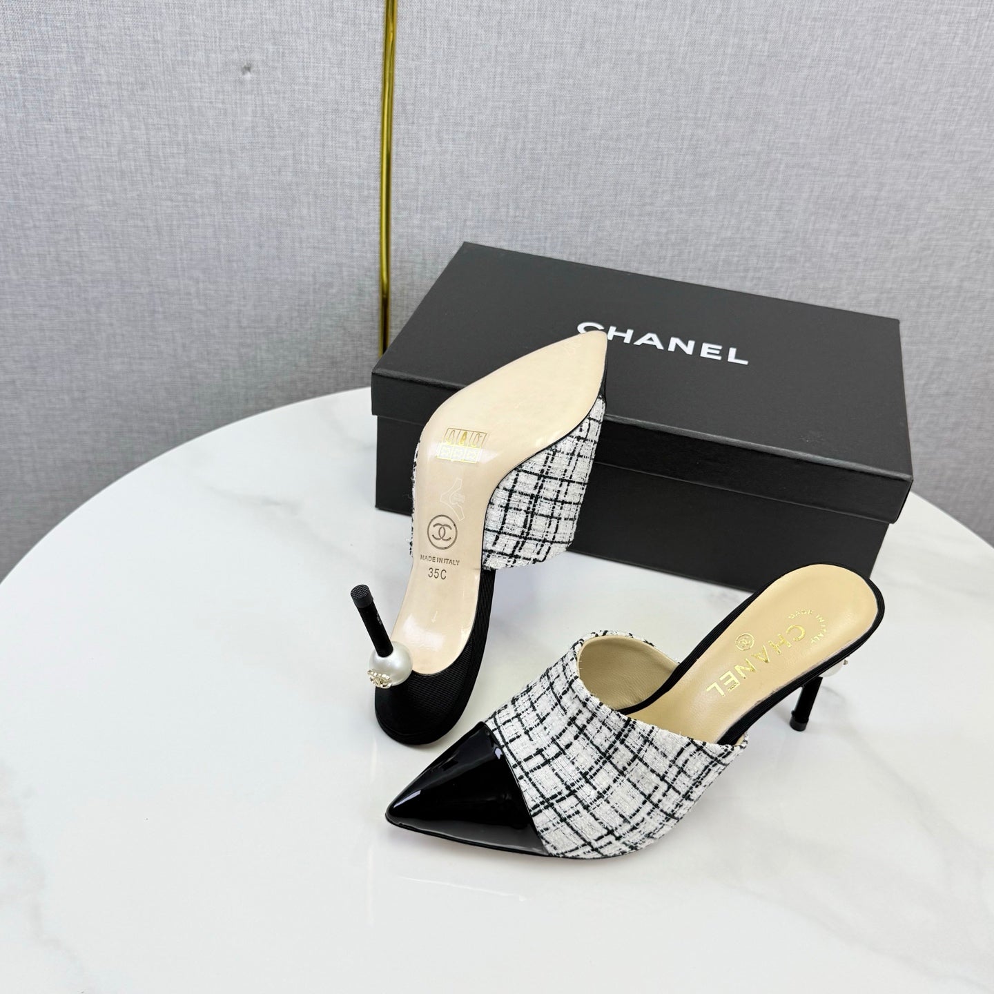 Chanel 2026 Pointy Heeled Mules 85mm Tweed Pearl  801951