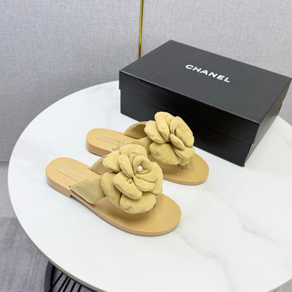 Chanel 2026 Flower Flat Thong Sandals Suede Cowhide 801431