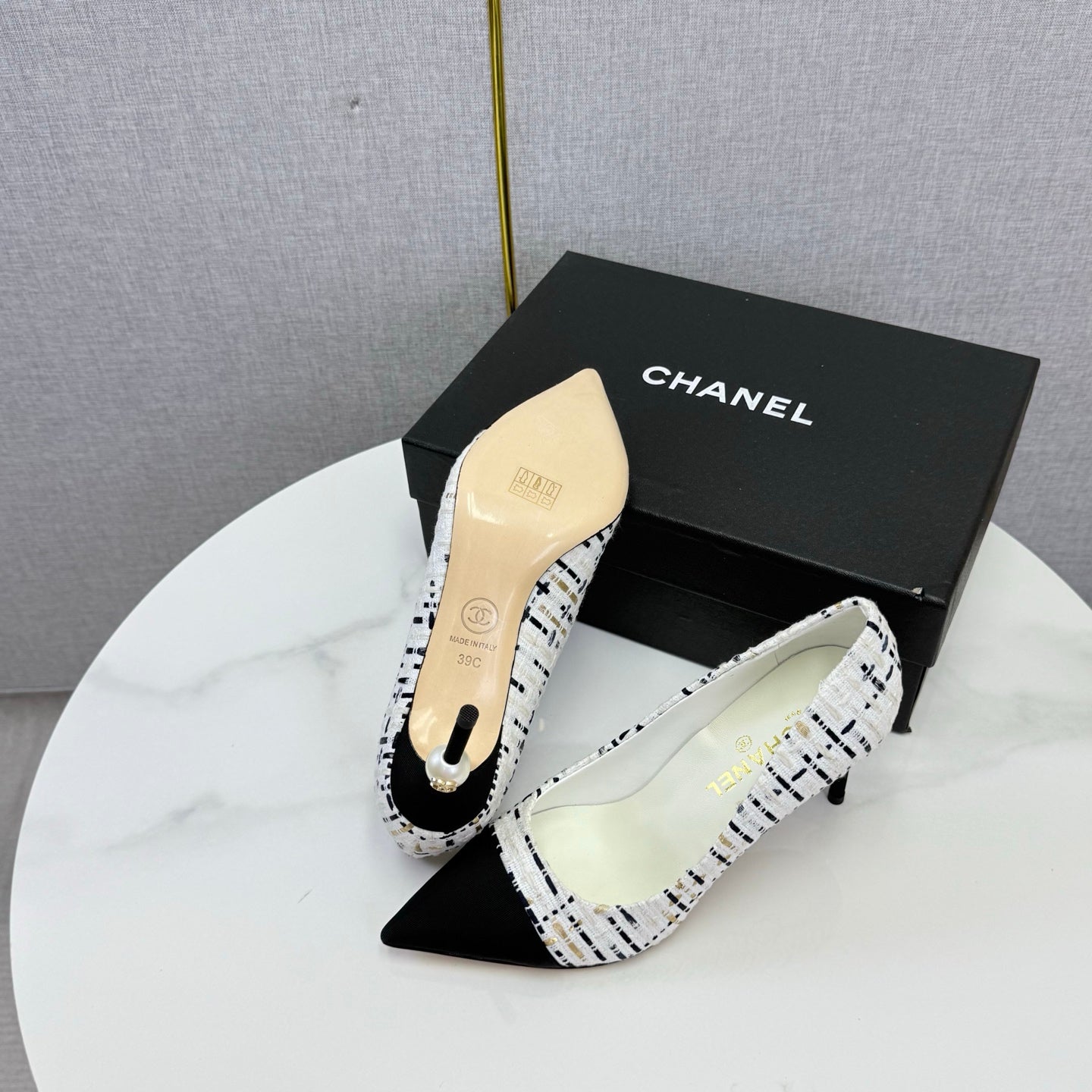 Chanel 2026 Pumps 85mm Tweed Pearl White Black 801952