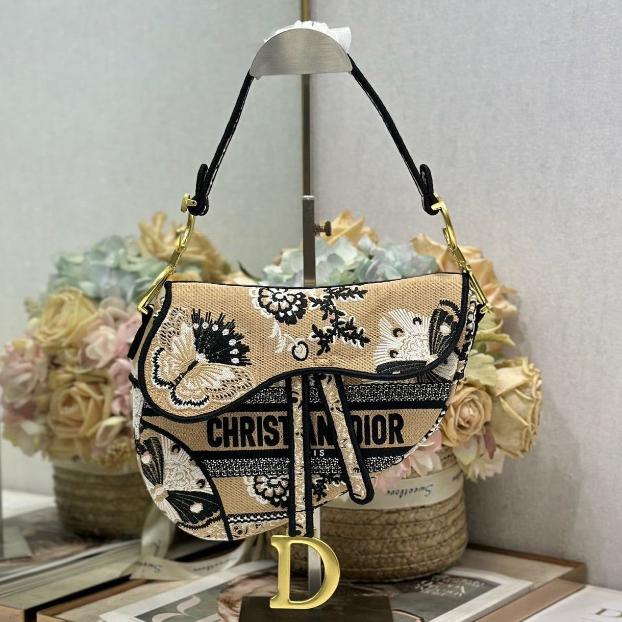 Dior 2026 Butterfly Motifs Saddle Bag 25.5cm Light Brown mix Black Canvas 289476