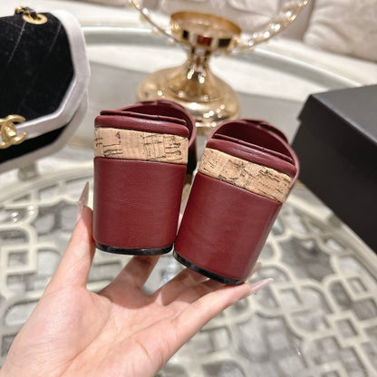 CC 26s Camellia Platform Slippers 65 Dark Red Lambskin 627046