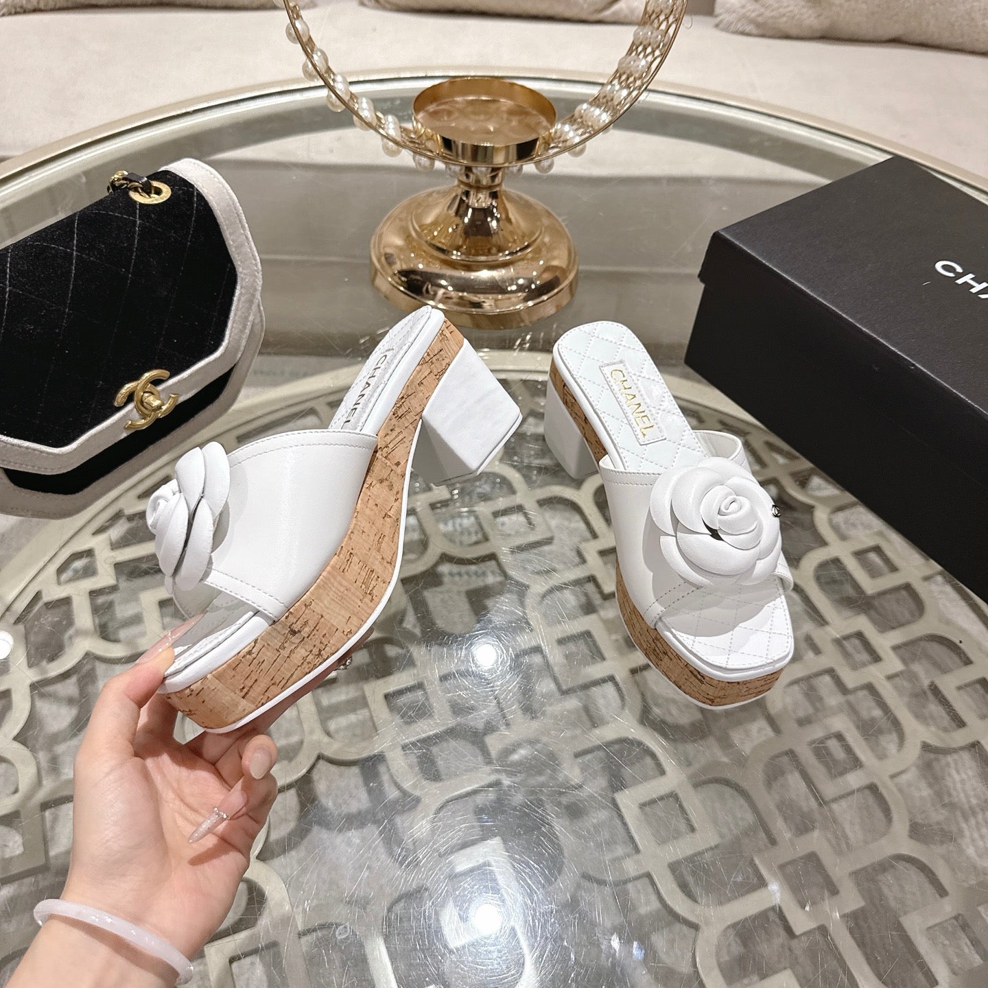 CC 26s Camellia Platform Slippers 65 White Lambskin 627047