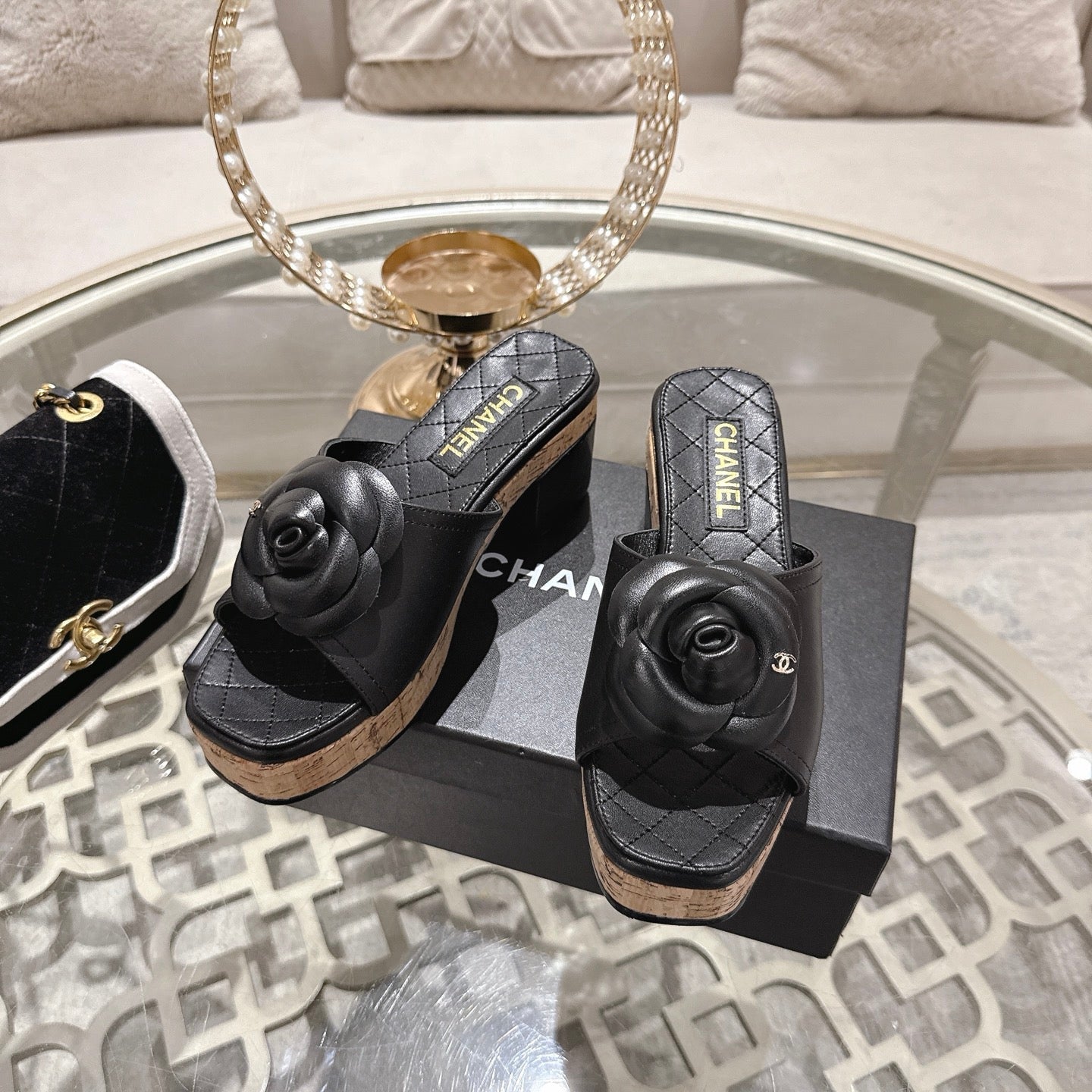 CC 26s Camellia Platform Slippers 65 Black Lambskin 627048