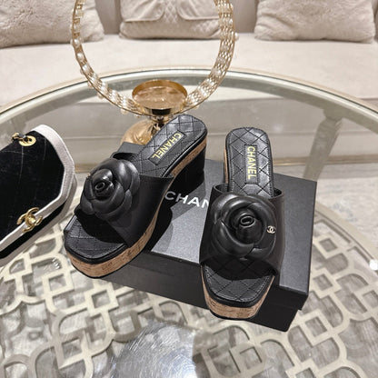CC 26s Camellia Platform Slippers 65 Black Lambskin 627048