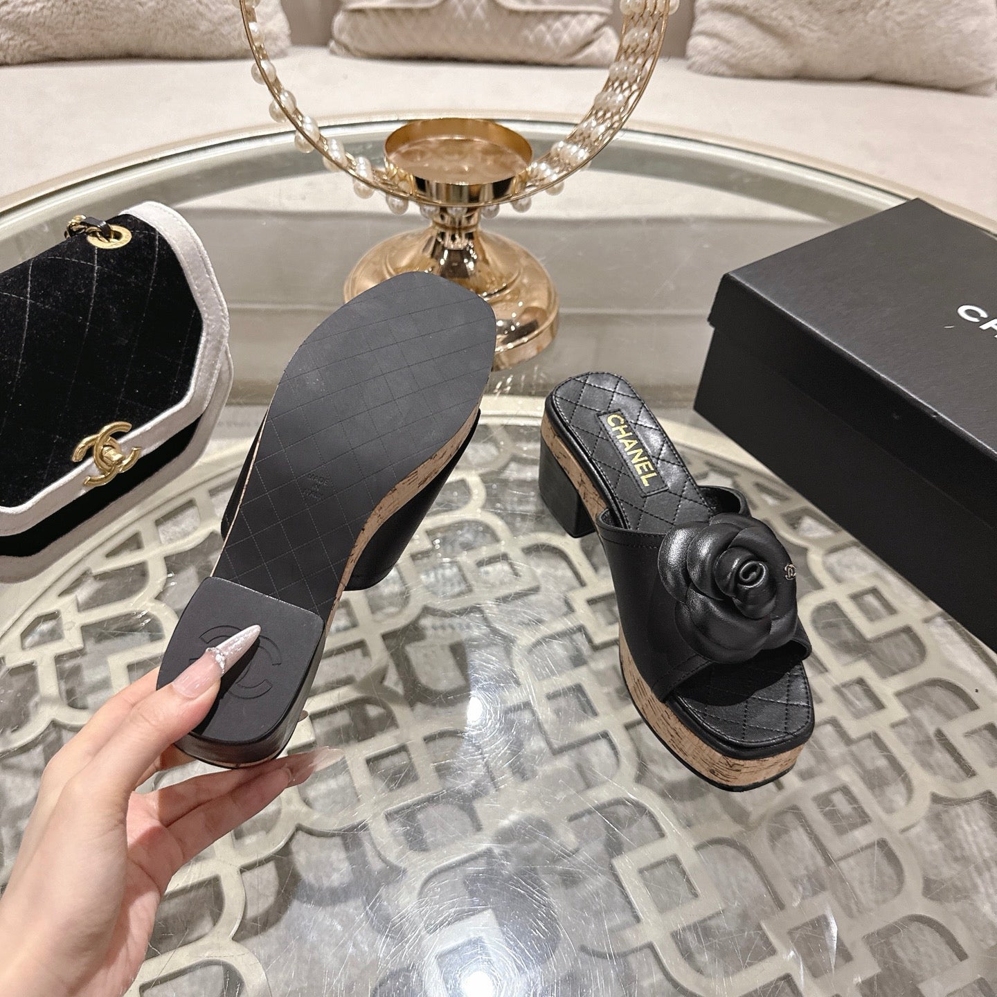 CC 26s Camellia Platform Slippers 65 Black Lambskin 627048