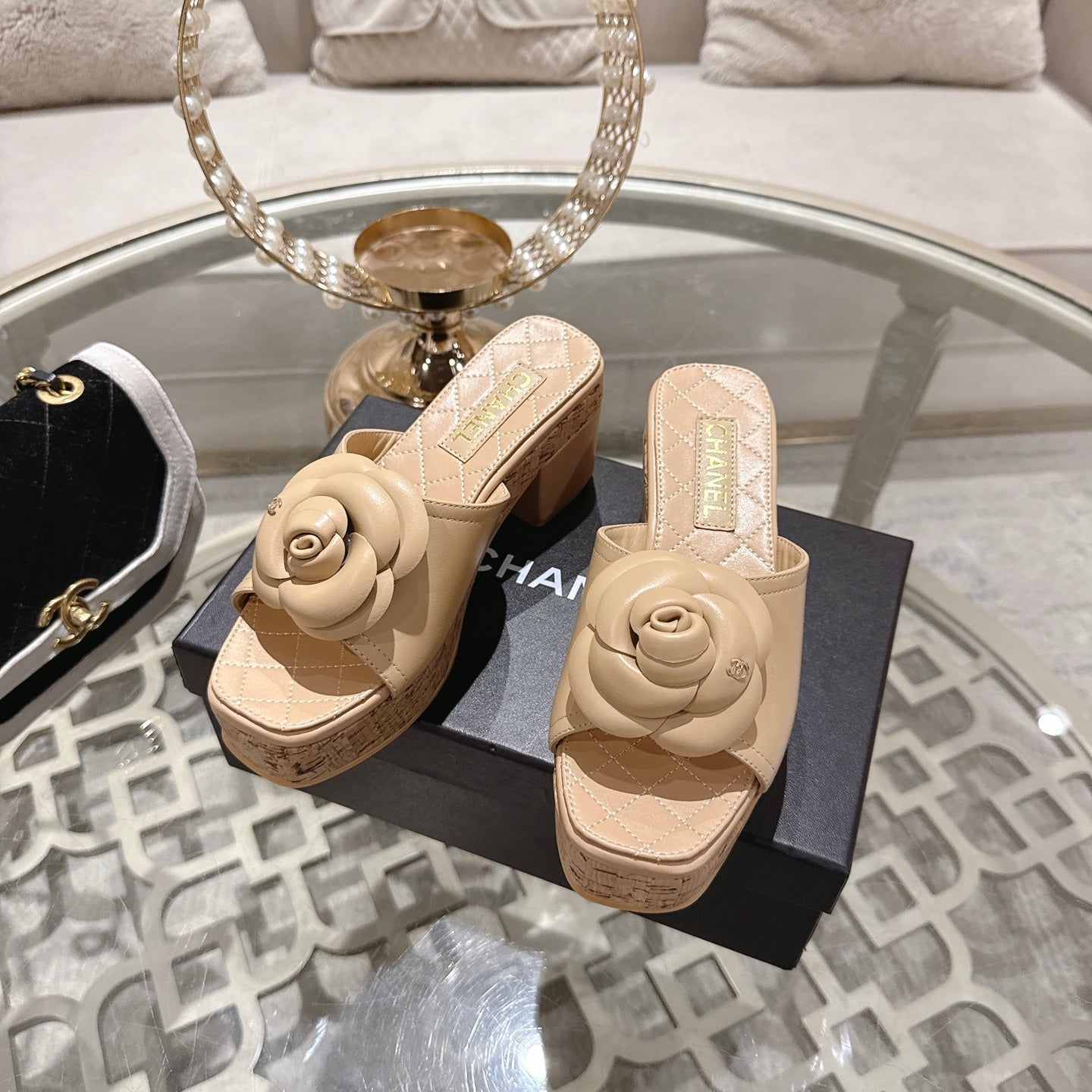 CC 26s Camellia Platform Slippers 65 Beige Lambskin 627049