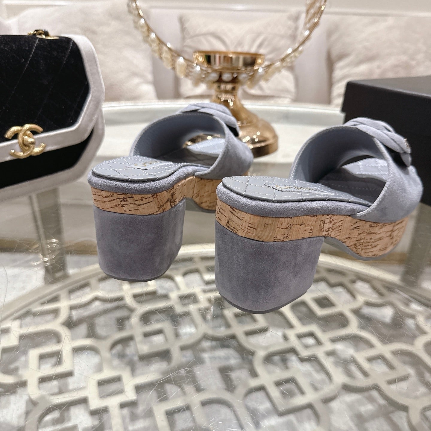 CC 26s Camellia Platform Slippers 65 Light Blue Grey Lambskin 627051