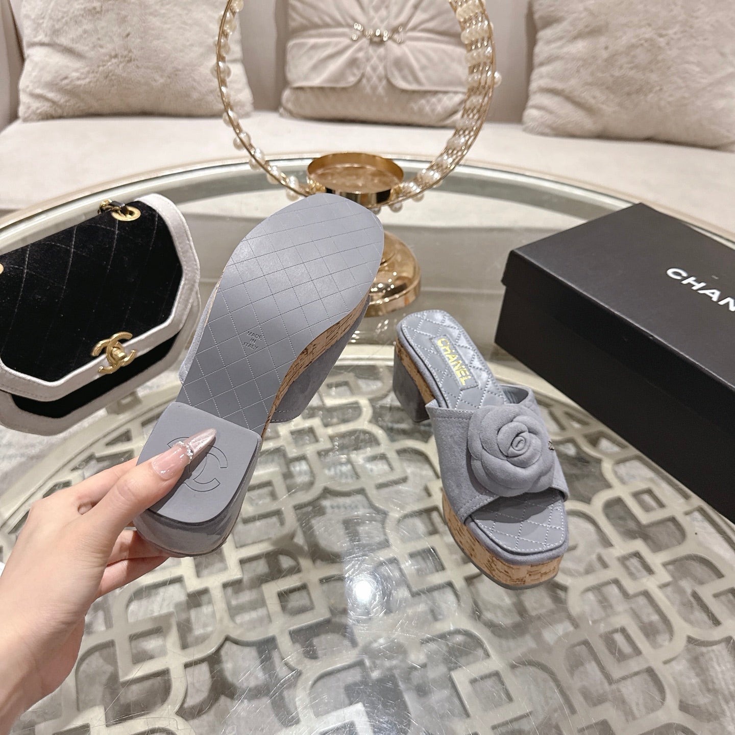 CC 26s Camellia Platform Slippers 65 Light Blue Grey Lambskin 627051
