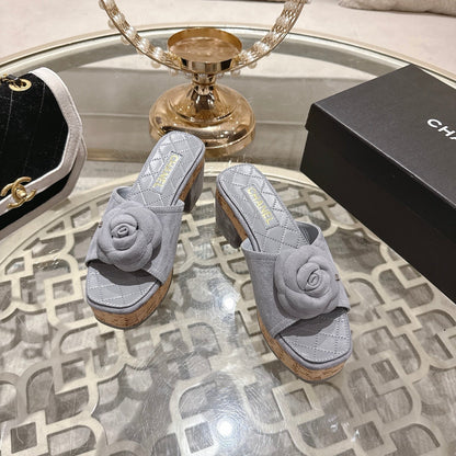 CC 26s Camellia Platform Slippers 65 Light Blue Grey Lambskin 627051