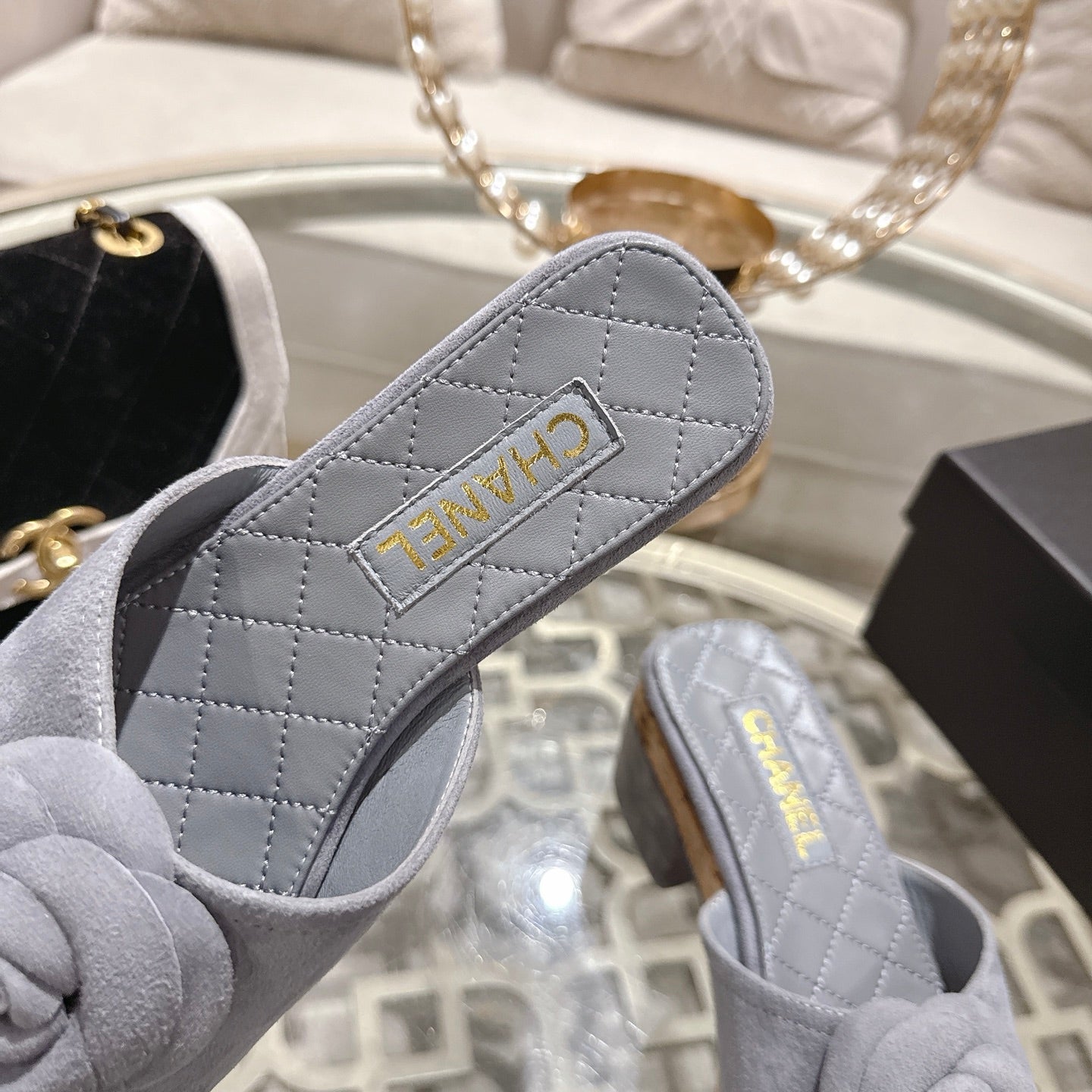 CC 26s Camellia Platform Slippers 65 Light Blue Grey Lambskin 627051