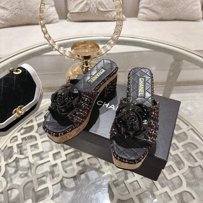 CC 26s Camellia Platform Slippers 65 Black Multicolor Tweed Leather 627052