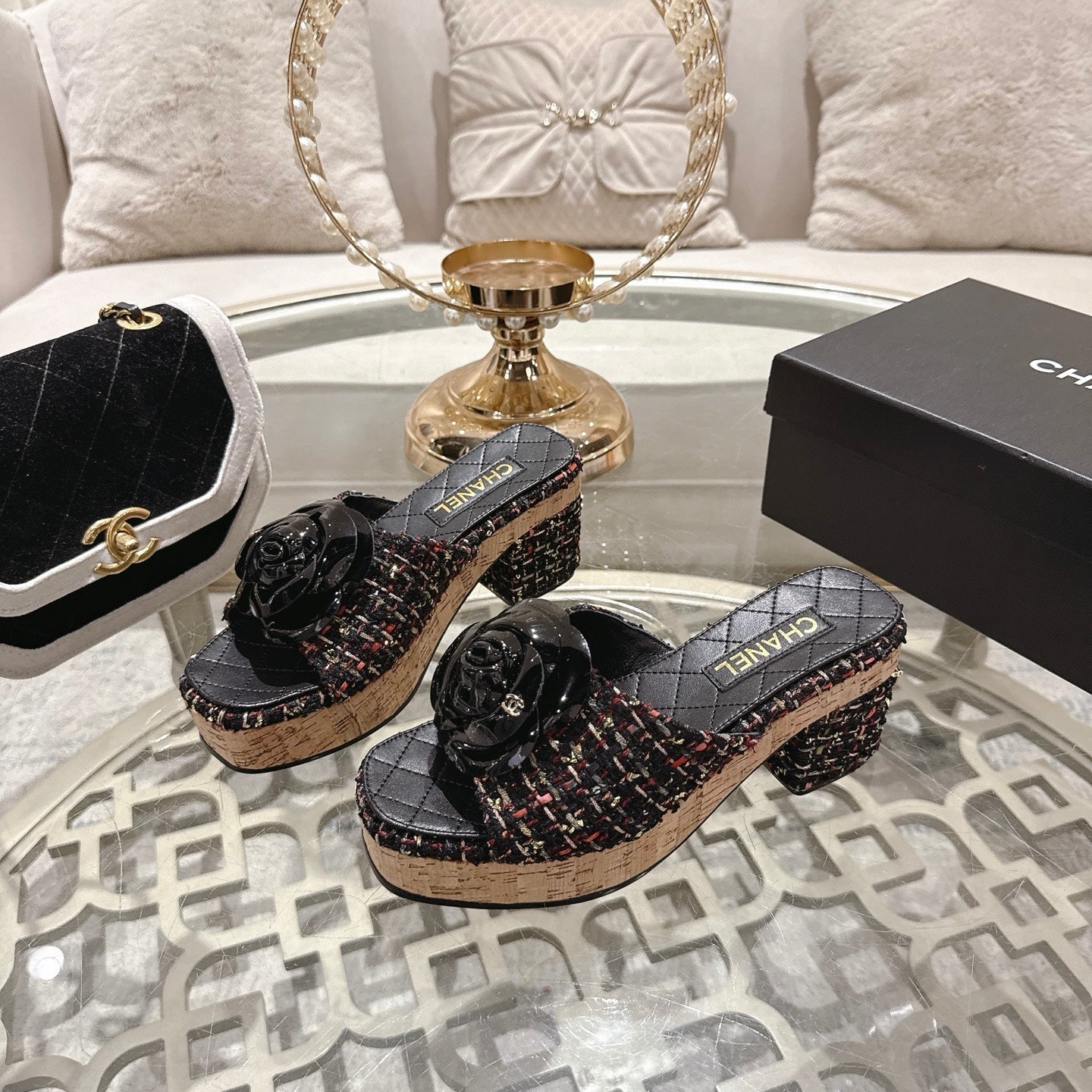 CC 26s Camellia Platform Slippers 65 Black Multicolor Tweed Leather 627052