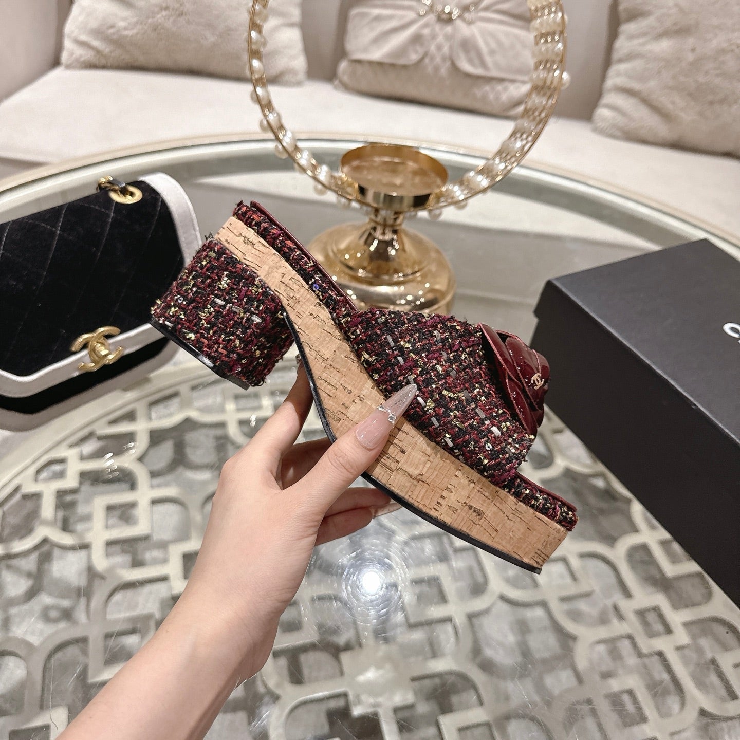 CC 26s Camellia Platform Slippers 65 Burgundy Multicolor Tweed Leather 627053