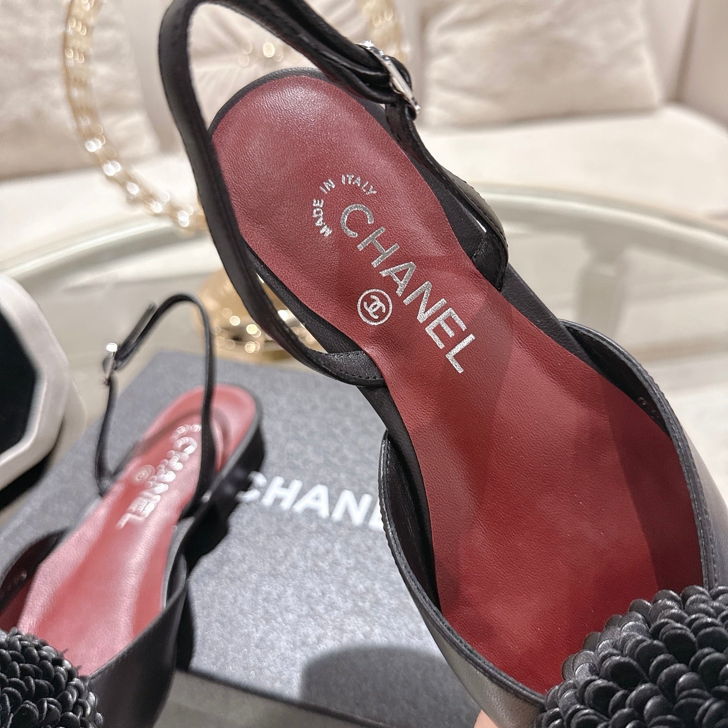 CC 26s Floral Backless Sandals Black Sheepskin 627019