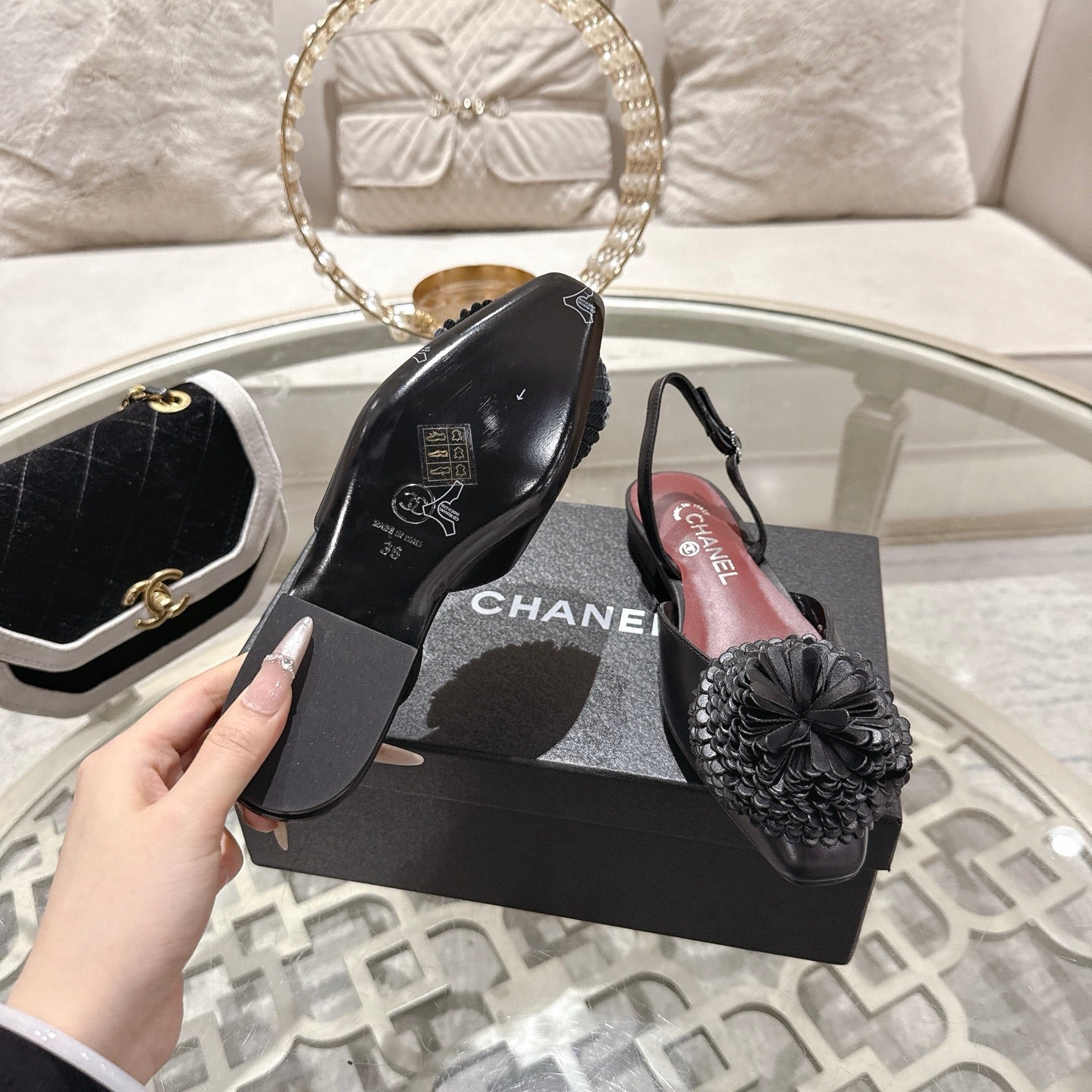 CC 26s Floral Backless Sandals Black Sheepskin 627019