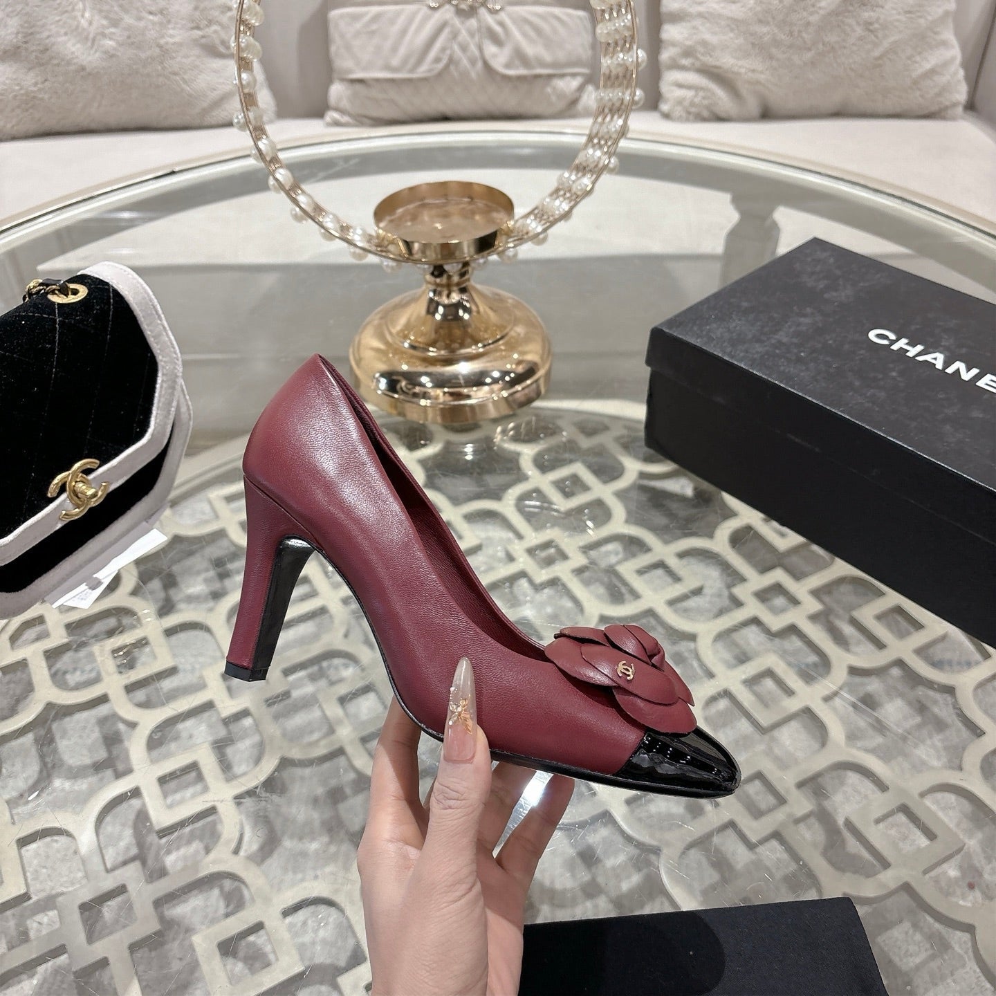 CC 26s High Heels Pump 85 Burgundy Black Sheepskin 627007