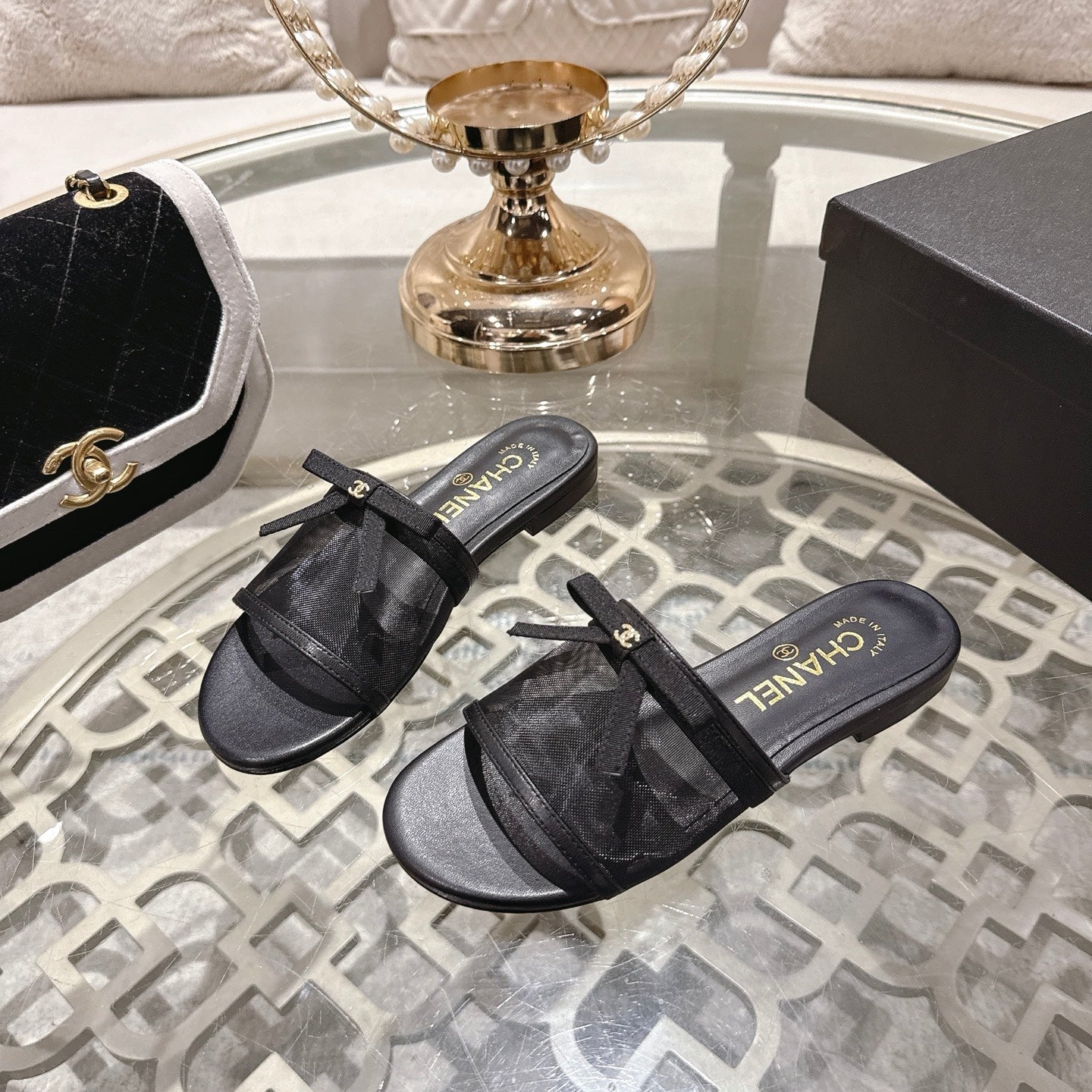 CC 26s Chunky Heel Sandals Black Mesh Sheepskin 627065