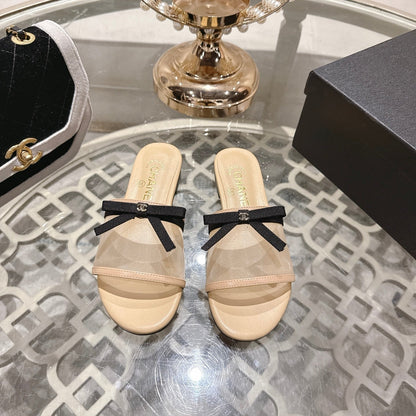 CC 26s Chunky Heel Sandals Beige Mesh Sheepskin 627068
