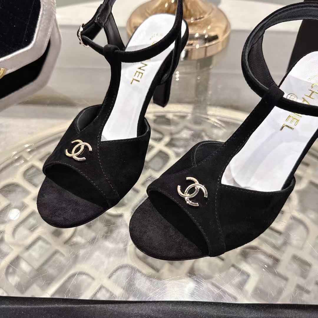 Chanel 2026 Double C Platform High-Heel Sandal Black Suede Leather 634215