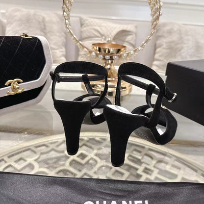 Chanel 2026 Double C Platform High-Heel Sandal Black Suede Leather 634215