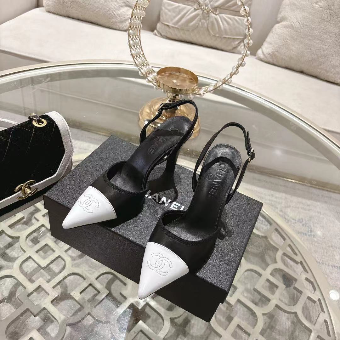 Chanel 2026 Pointed-Toe High-Heeled Sandal Black White Sheepskin 634229