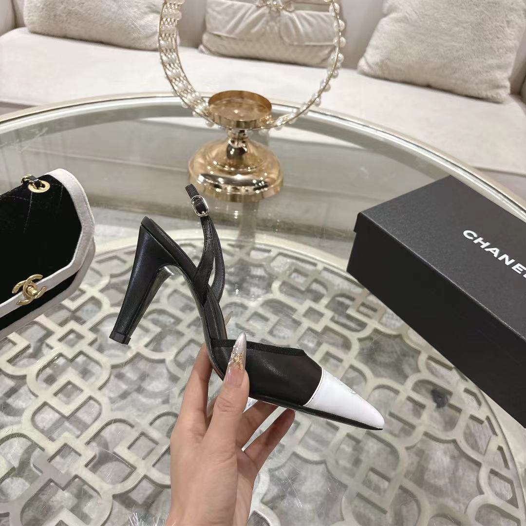 Chanel 2026 Pointed-Toe High-Heeled Sandal Black White Sheepskin 634229