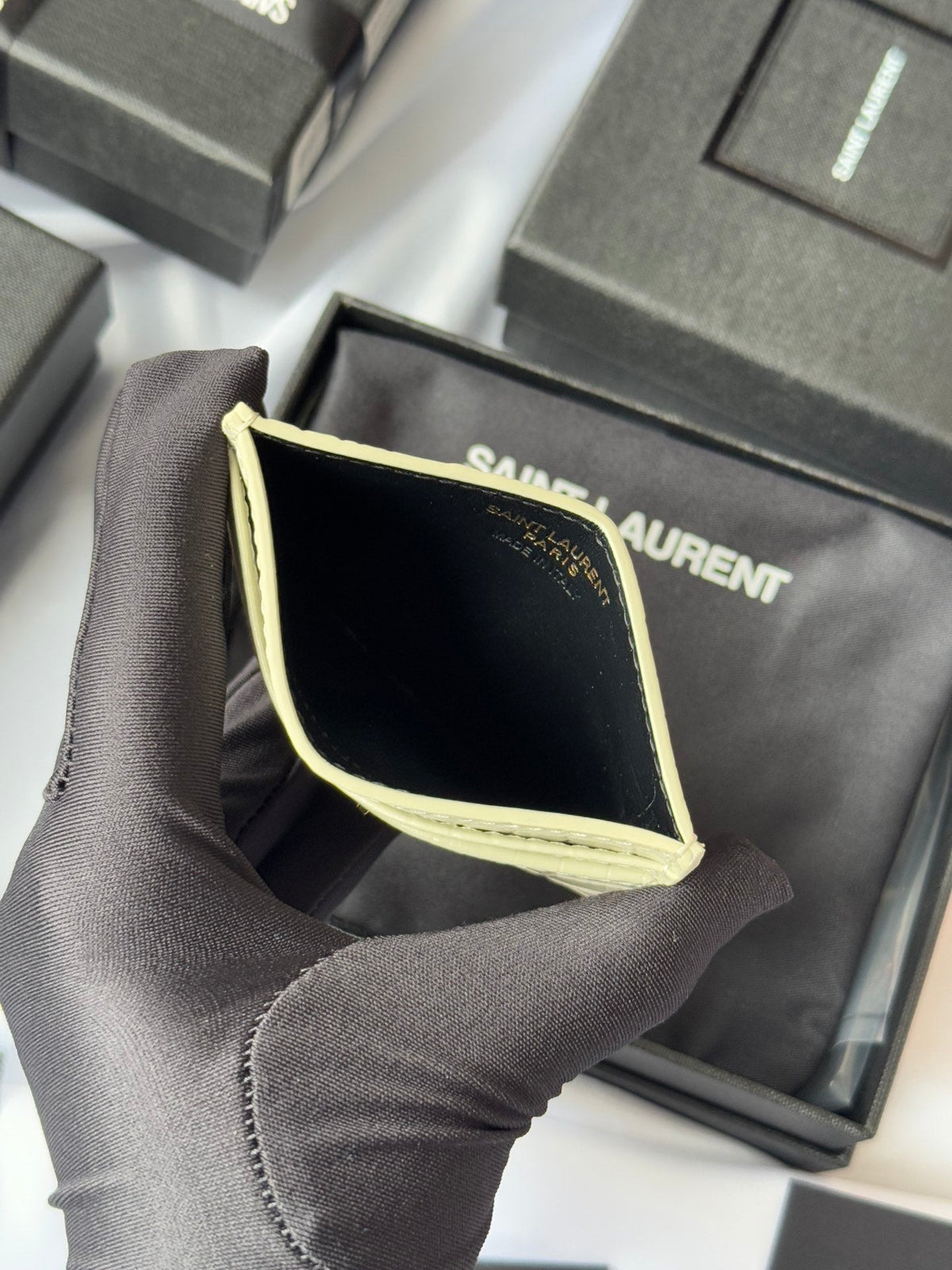 YSL Card Holder 10cm Wallet Cream Gold Crocodile Leather 240565