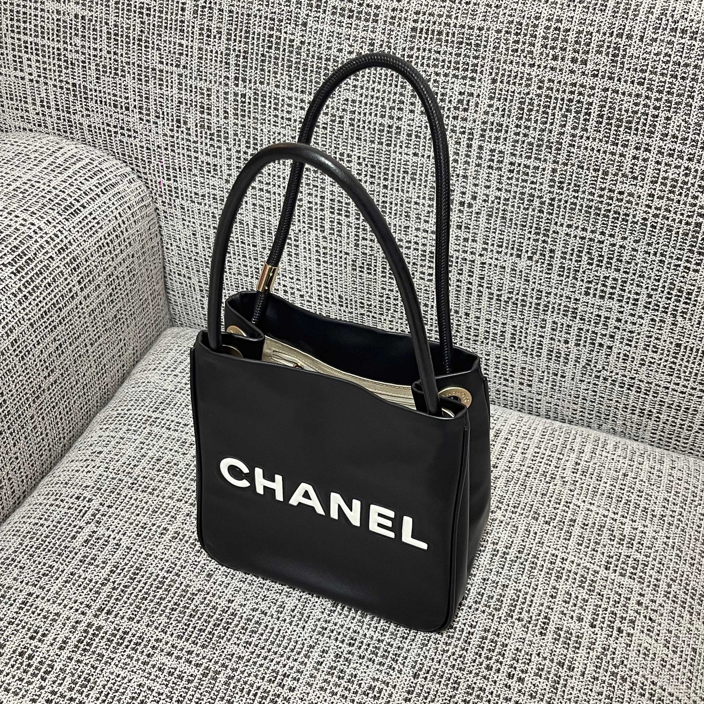 Chanel 2026 Camellia Letter Reversible Tote Bag 25cm Black White Leather
