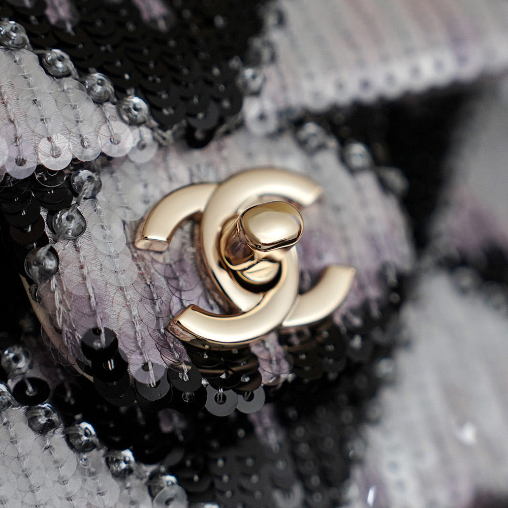 Chanel 2026 Flap Bag 25.5cm Black White Purple Sequin Leather 339086