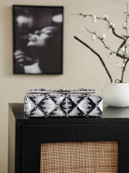 Chanel 2026 Flap Bag 25.5cm Black White Purple Sequin Leather 339086