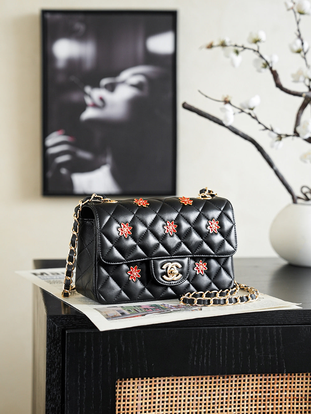 Chanel 2026 Red Flower Flap Bag 25.5cm Black Lambskin