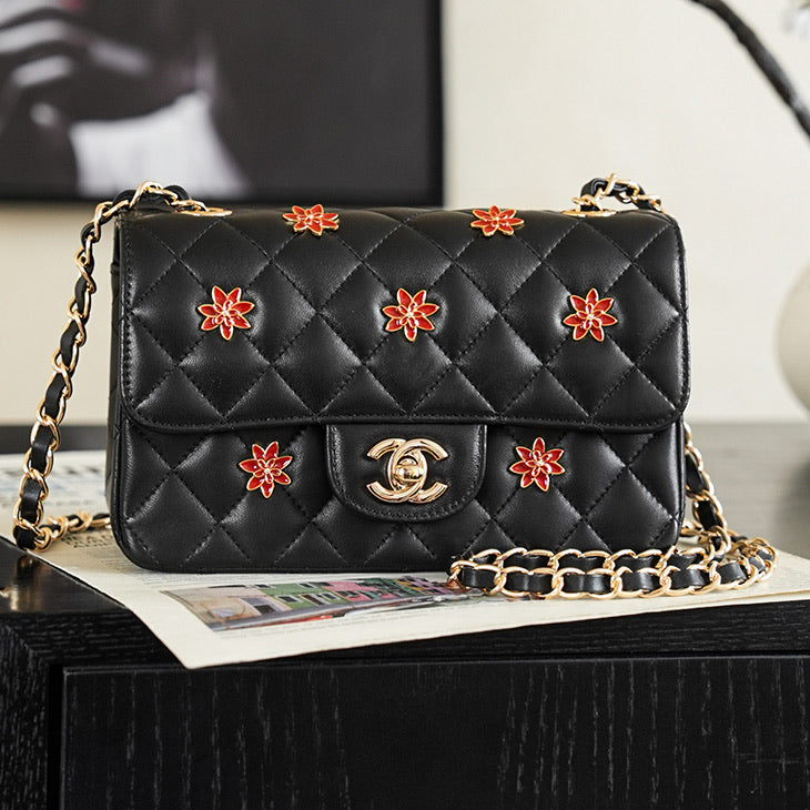 Chanel 2026 Red Flower Flap Bag 25.5cm Black Lambskin